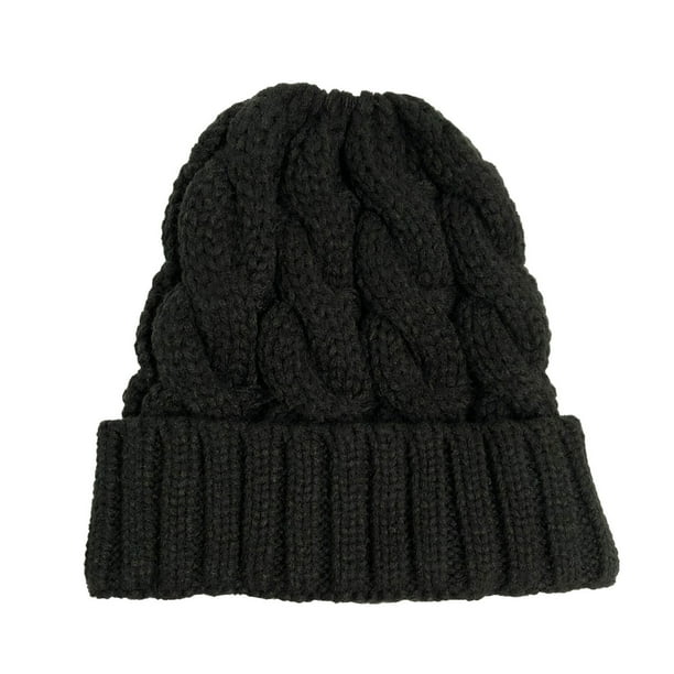 Gebreide Damesmutsen met Uitsparing - Wintermuts voor Dames met Uitsparing voor Paardenstaart, Solide Kleur, Elastisch, Anti-slip, Warm, Koudebestendig, Oorbescherming Twist - Zwart