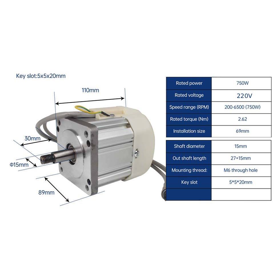 750W Borstelloze Servo Motor met Snelheidsregelaar – 220V – Max 6500 tpm – Permanent Magneet Motor – Voor Draaibank, Houtbewerkingsmachine, Boor- en Tapmachine, Reductiemotor, Bandschuurmachine – 15mm As – Incl. Controller