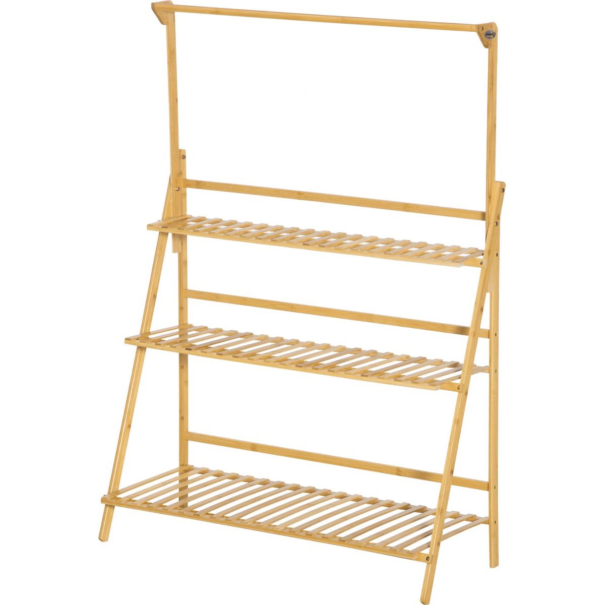 Bamboe Plantenrek – 3-Laags Opvouwbare Plantenstandaard – Plantentrap met Ophangrek – Bloementrap voor Binnen & Buiten – Houten Plantenhouder – Decoratief Bloemenrek – 100 x 40 x 96 cm – Inclusief Tuingereedschap & Haken – Ruimtebesparend & Stevig
