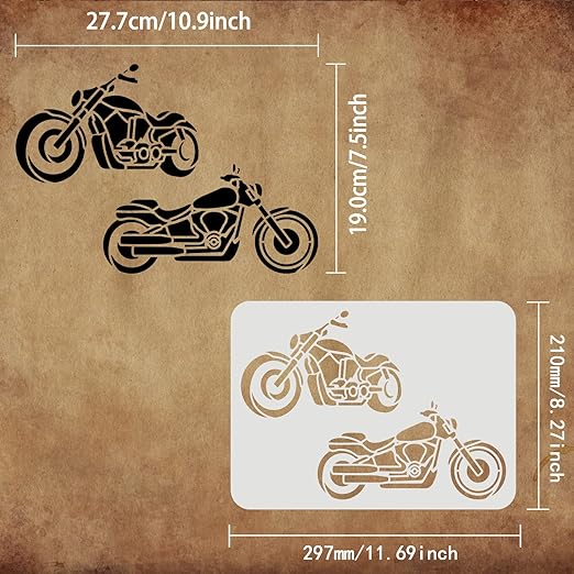 Motorfiets Sjablonen van FINGERINSPIRE: 29.7 x 21 cm, 2 Herbruikbare en Wasbare Auto Patronen voor Voertuigen en Muurdecoratie - Ideaal voor Tekenen, Verven en Huisversiering met Milieuvriendelijk PET Materiaal