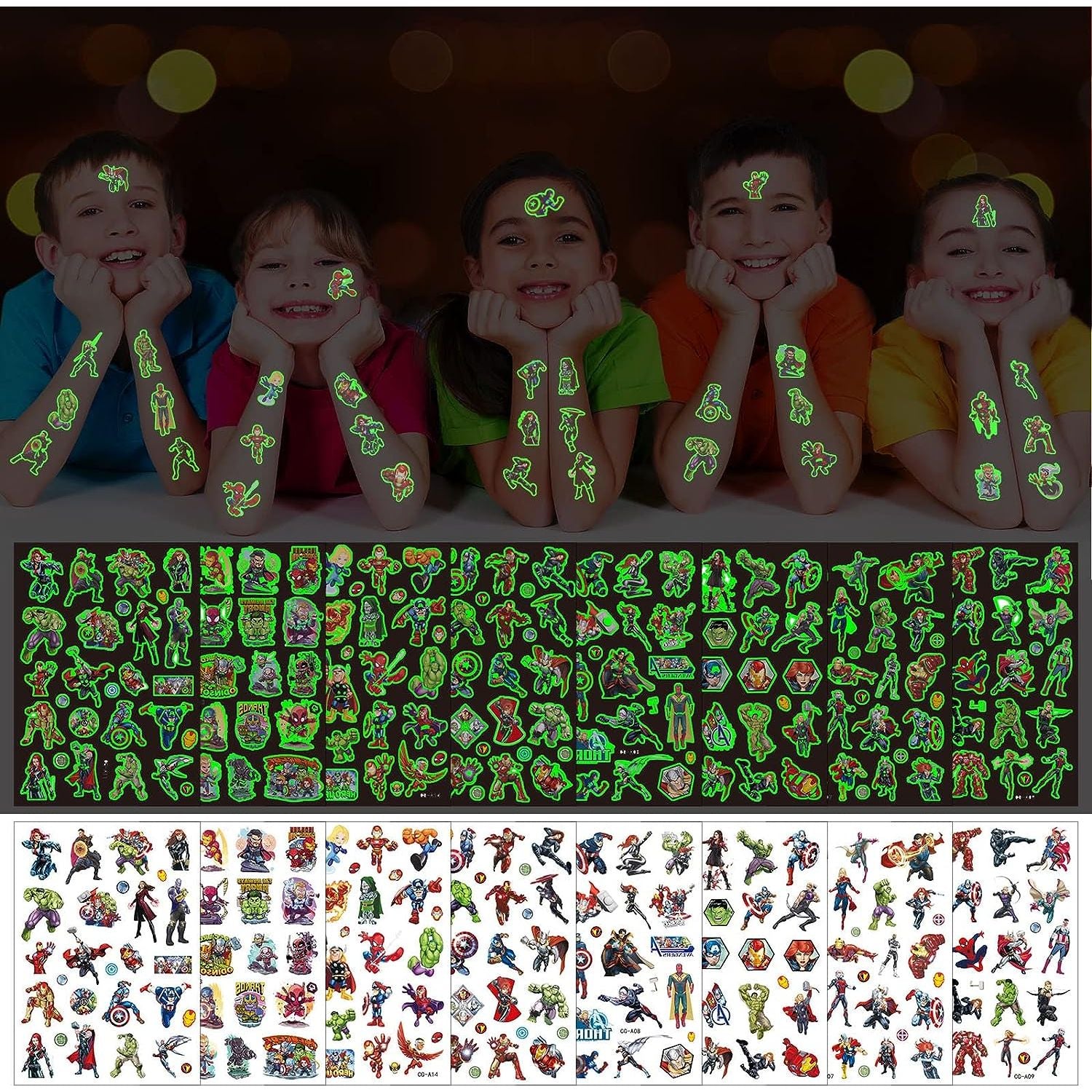 Glow In The Dark Superhelden Tijdelijke Tattoos voor Kinderen - Waterdichte Luminous Nep Tattoo Stickers voor Jongens en Meisjes, Verjaardagscadeau en Feestzakvulling - DIY - Set van 8 Vellen