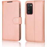 Portemonnee Lederen Hoesje voor Galaxy A02s - Flip Beschermhoes met Portemonnee Kaarthouder, Stand en Polsband - Roségoud PU Lederen Hoesje met Magnetische Sluiting Ontworpen Voor Samsung A02s, Luxe Bescherming, Handige Stand, Veilige Sluiting