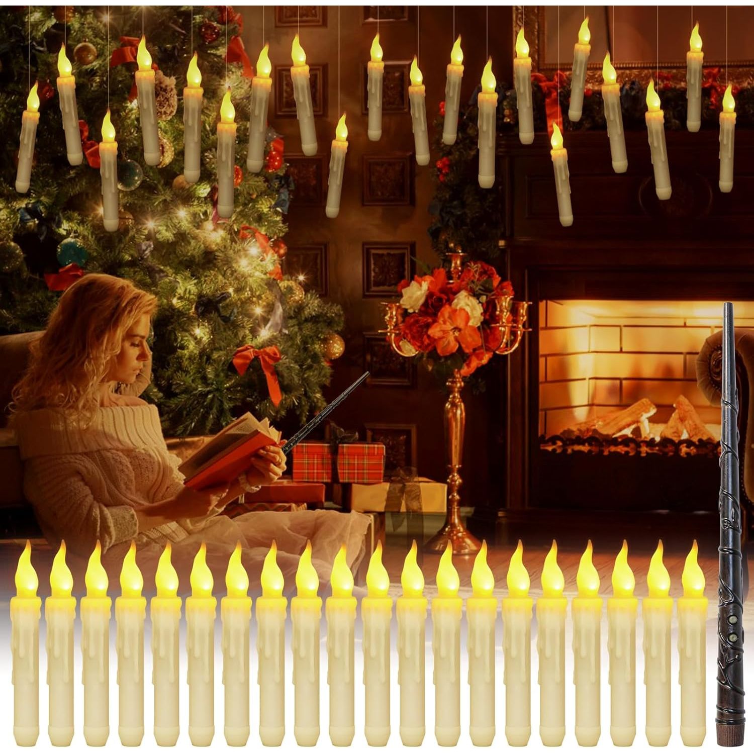 Zwevende LED Kaarsen - 20  Stuks - Met Magische Toverstok Afstandsbediening - Flickerend Warm Licht - Flameloos - Voor Harry Potter Feest, Kerst, Halloween, Bruiloft & Kamerdecoratie