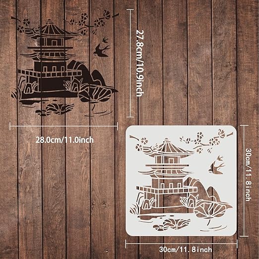 FINGERINSPIRE Oosterse Pagode Sjabloon 30x30cm - Traditionele Toren en Natuurelementen voor Thuisdecoratie - Flexibel, Herbruikbaar, Veilig voor Kinderen, Ideaal voor Muren, Meubels, Canvas en Meer