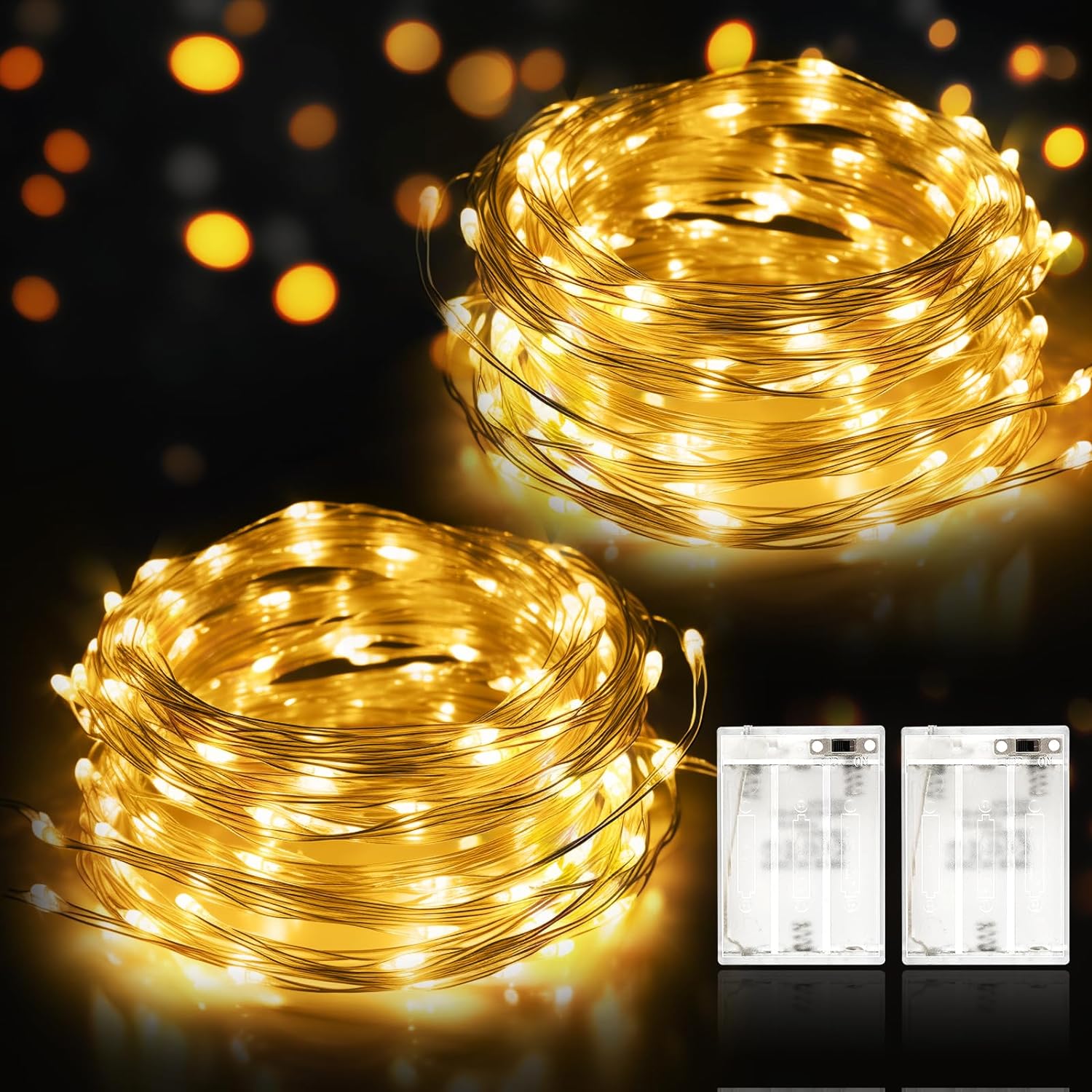 2-Pack 6 Meter Batterij-Verlichte Sfeerverlichting – 120LED Waterdicht Koperdraad – Voor Binnen/Buiten – Warm Wit Licht voor Slaapkamer en Feestdecoratie - 12 Meter Totaal