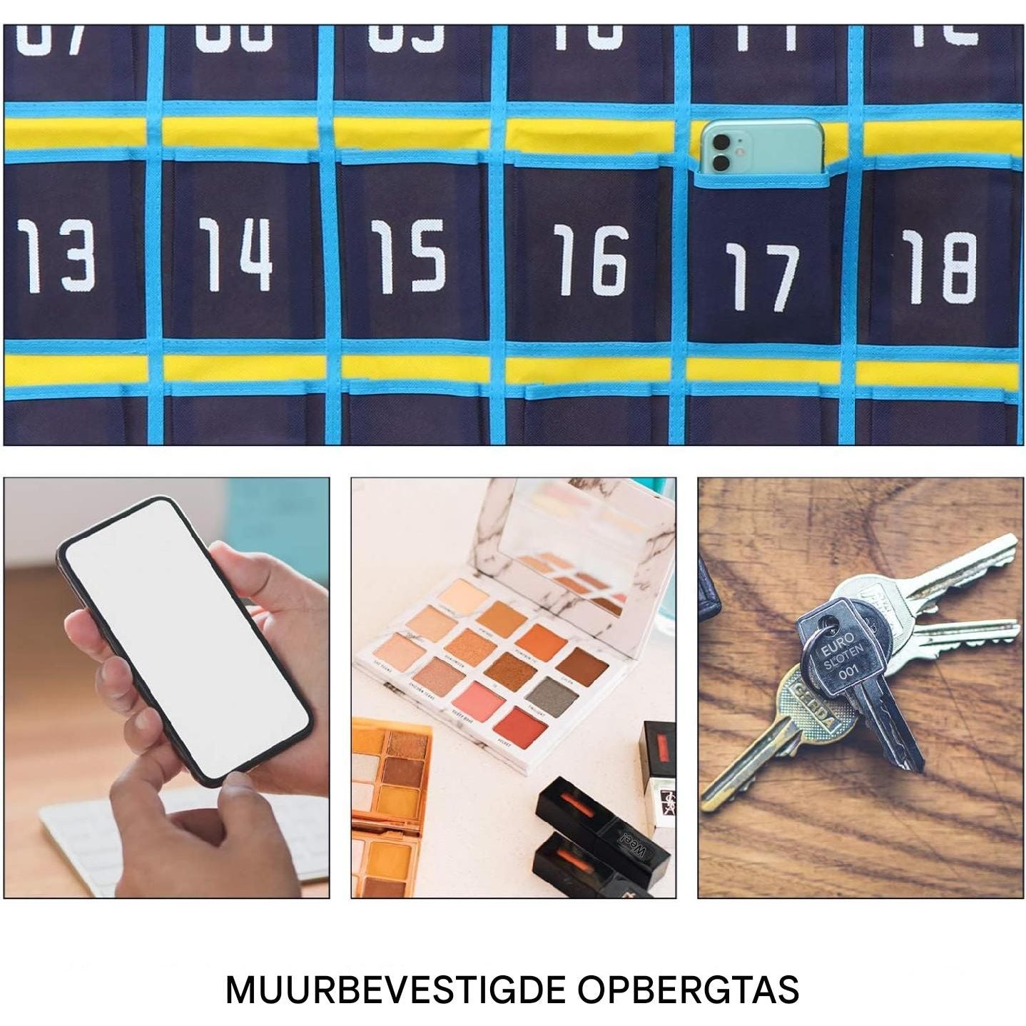 36Vakken Hangende Wandorganizer - Opbergtas voor Mobiele Telefoons en Sieraden - Niet-Geweven Stof - Voor Telefoons, Rekenmachines en Accessoires - Inclusief Haken en Spijkers - Ideaal voor Klaslokaal, Deur en Kast  Verkooptekst: