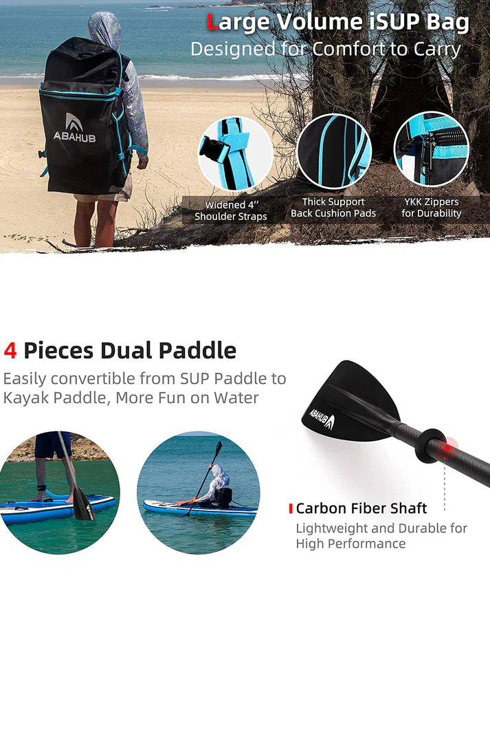 ABAHUB Opblaasbaar SUP Board 320 x 86 x 15 cm – Stand Up Paddleboard met Kajakzitje, Carbon Fiber Dubbele Peddel & Complete Accessoires – Tot 170 kg – Voor Yoga, Toeren & Familie