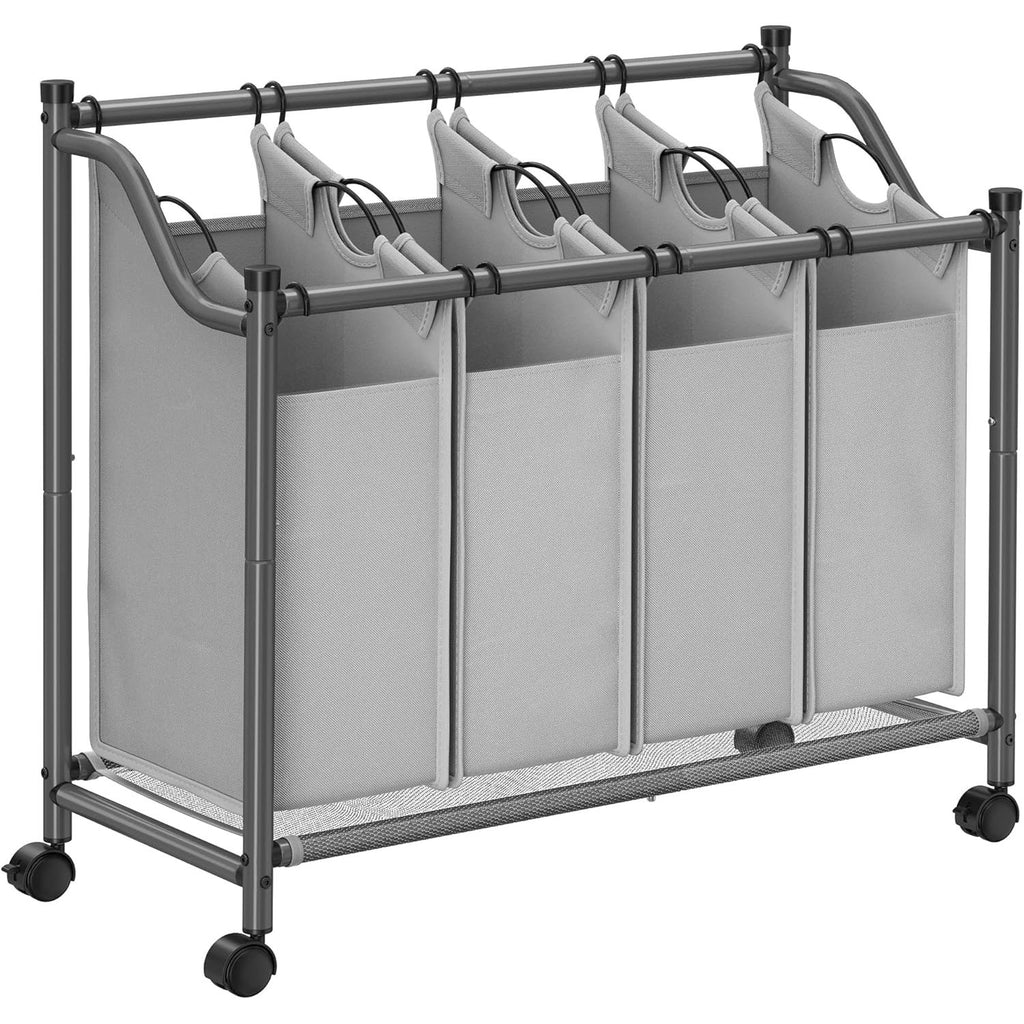 SONGMICS Wasmand Op Wielen – Grijze Wasverzamelaar Met 4 Verwijderbare Waszakken – Sorteerwagen Met Stalen Frame – 4 x 35 Liter – 87,5 x 38,5 x (67–81) cm – Rolbare Wasmand Voor Badkamer, Slaapkamer Of Wasruimte