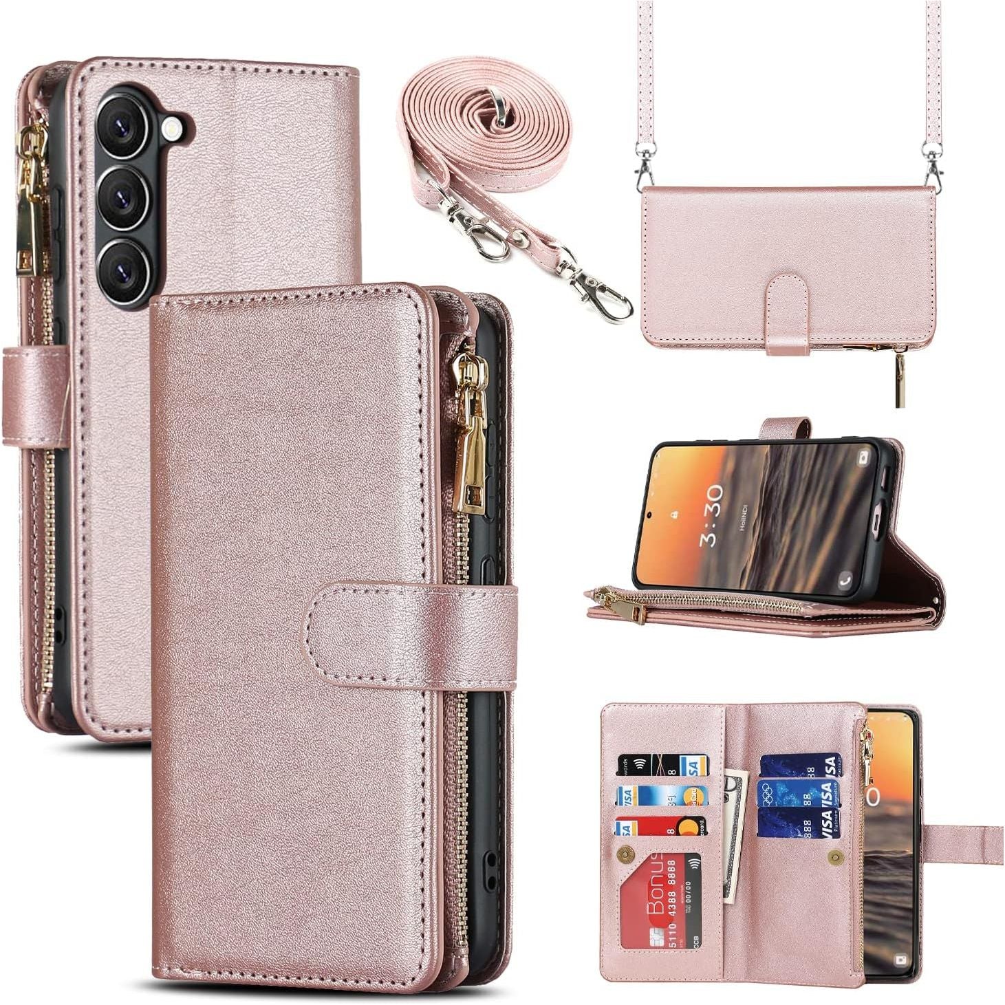mobiele telefoonketting voor Samsung S23 - hoes met riem - mobiele telefoonhoes voor Samsung S23 - flip lederen portemonnee hoes - 9 kaartsleuven - magnetische sluiting - beschermhoes - flip case - telefoonhoesje voor Samsung S23