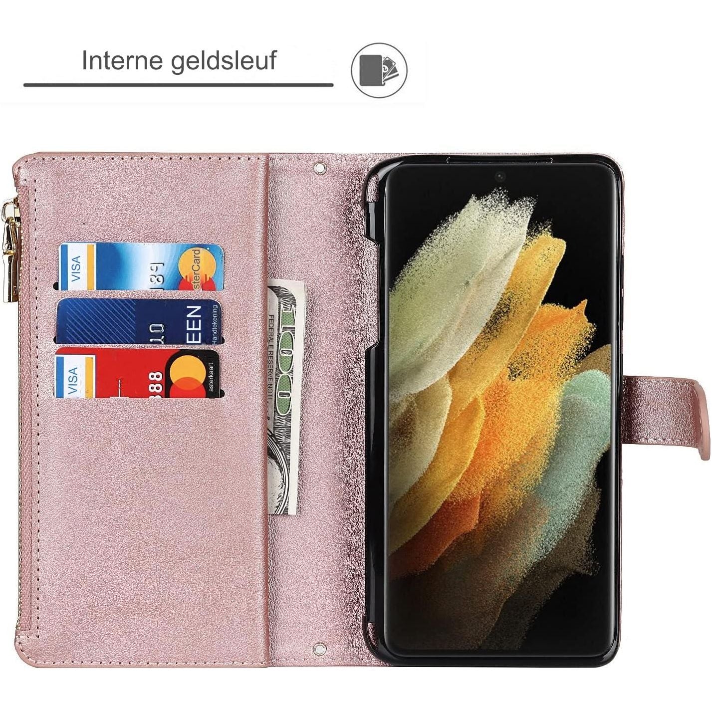 Portemonnee Hoes voor Samsung Galaxy S21 Ultra met Kaarthouder, Houderfunctie PU Lederen Hoes met Verstelbare Crossbody Lanyard Magnetische Sluiting Ritssluiting Zakje Flip Cover (Roségoud) - Handige Functionaliteit en Stijlvol Design in één Accessoire