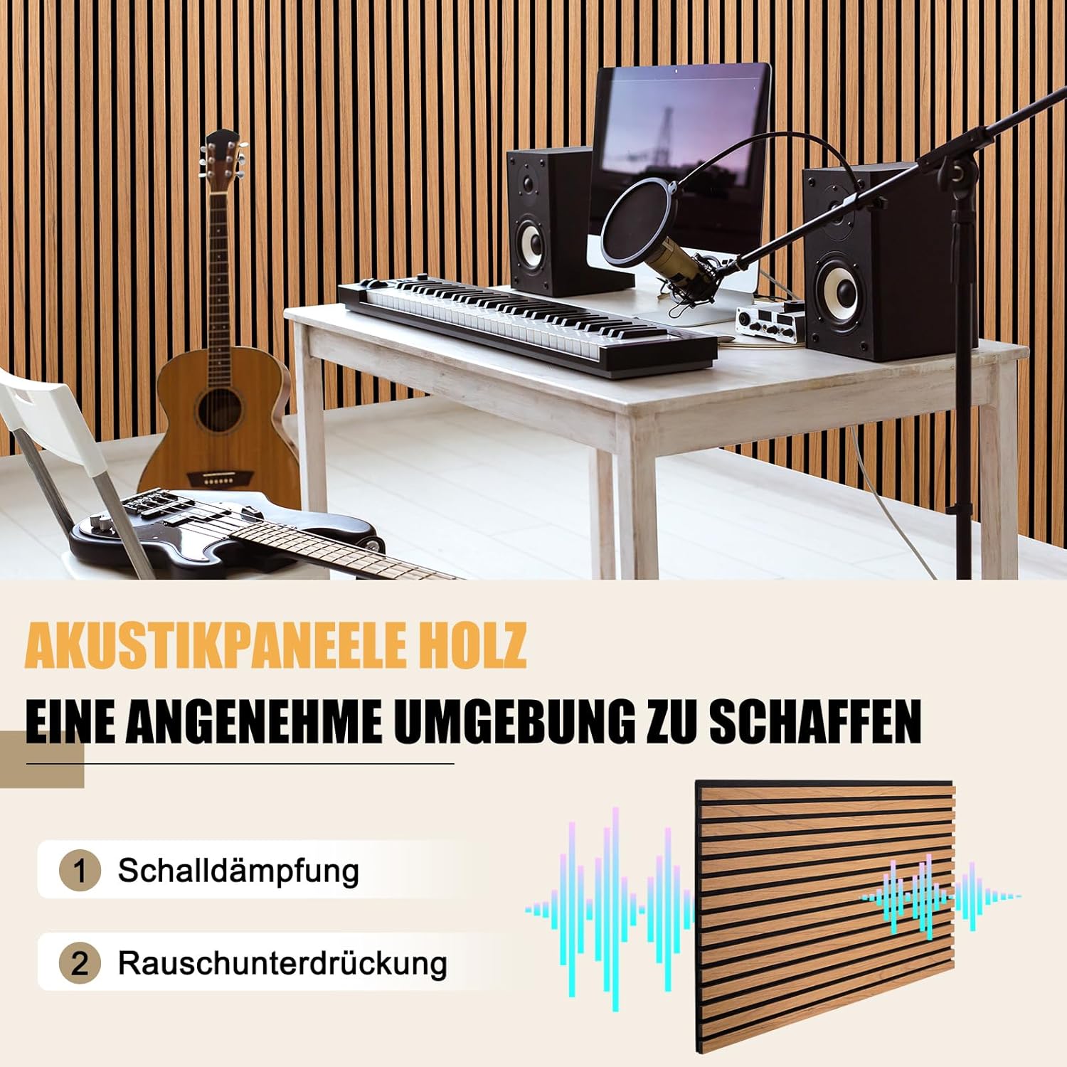 2 stuks houten akoestische wandpanelen – 3D lattenwand eiken look – 120 x 60 cm per paneel – geluidsabsorberende muurpanelen – decoratieve wandbekleding voor woonkamer, kantoor of studio – houten wandpanelen met schroeven