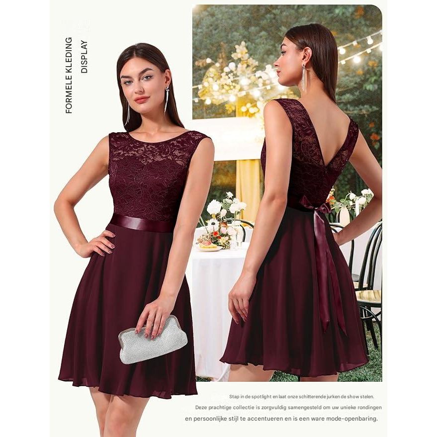 Korte Bloemenkant Bridesmaid Jurk – A-Lijn Swing Party Jurk – Retro Cocktailjurk Met Strikceintuur – Perfect Voor Bruiloften, Proms, Feestjes en Speciaal Events