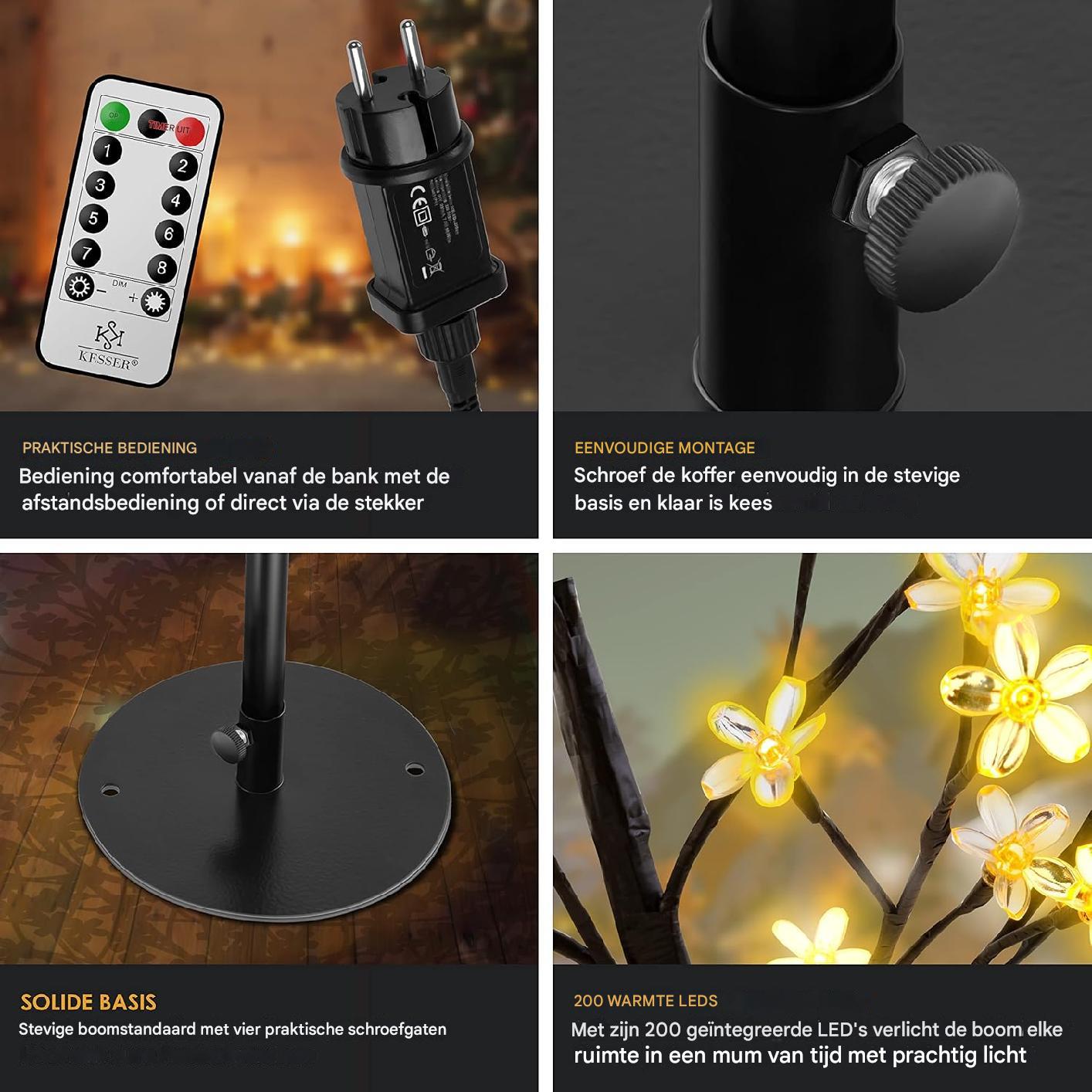 KESSER LED Kersenbloesem Boom – Met Afstandsbediening – Lichtboom voor Binnen & Buiten – IP44 Spatwaterdicht – 180 / 220 CM Hoog – Warm Wit