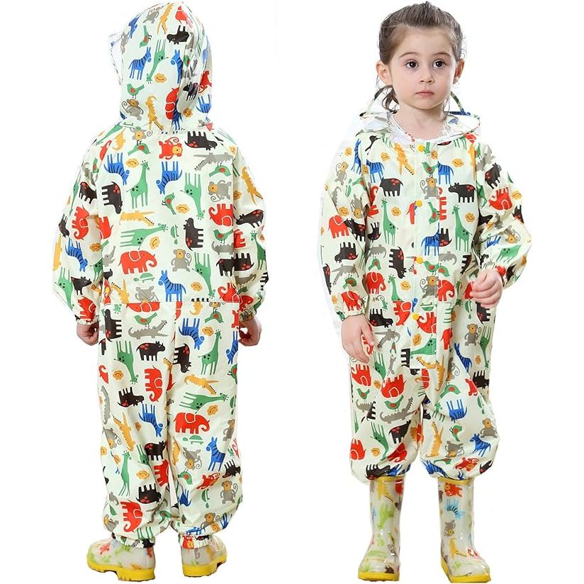 Kinderen Regenjas - Jongens / Meisjes - Regenkleding met Capuchon - Lichtgewicht en Ademend Regenpak - Waterdicht PVC - Cartoon Ontwerp - Transparante Hoed Rand - Geschikt voor Kinderen 1-7 Jaar - Unisex Regenjas - Alle Seizoenen - Draagbaar / Opvouwbaar