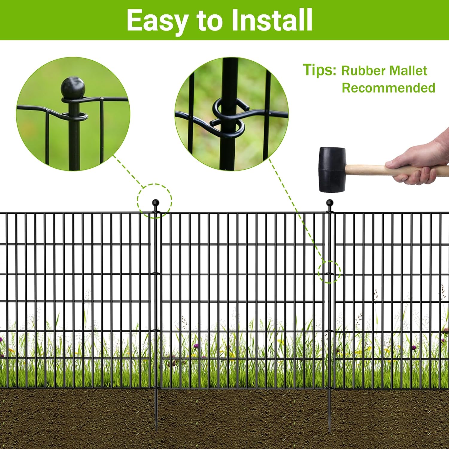 10 Panelen – Decoratief Metalen Tuinhek Zonder Graven – 61 cm Hoog x 6,1 m Lang – Smeedijzeren Tuinafsluiting met Grondpennen – Roestbestendige Dierenafscheiding voor Honden en Konijnen – Tijdelijke Tuinrand en Patio Omheining Zwart