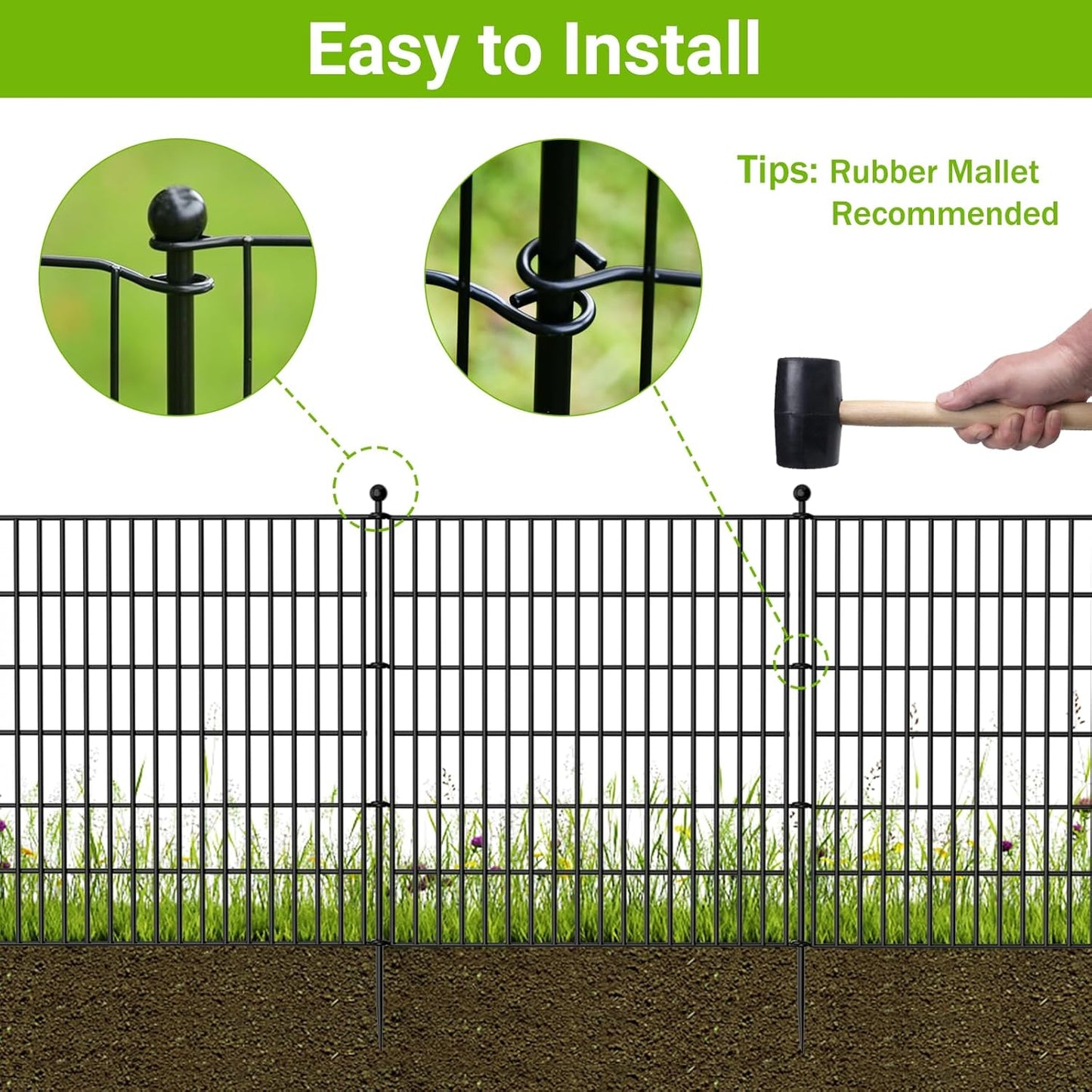 10 Panelen – Decoratief Metalen Tuinhek Zonder Graven – 61 cm Hoog x 6,1 m Lang – Smeedijzeren Tuinafsluiting met Grondpennen – Roestbestendige Dierenafscheiding voor Honden en Konijnen – Tijdelijke Tuinrand en Patio Omheining Zwart