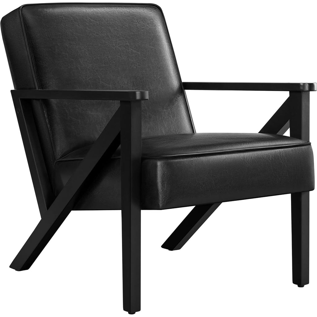 Luxe Loungestoel - Accentstoel Met Sterk Houten Frame – Zwarte Retro Fauteuil In PU-Leder – Moderne Loungestoel Voor Woonkamer, Lounge, Kantoor Of Ontvangstruimte