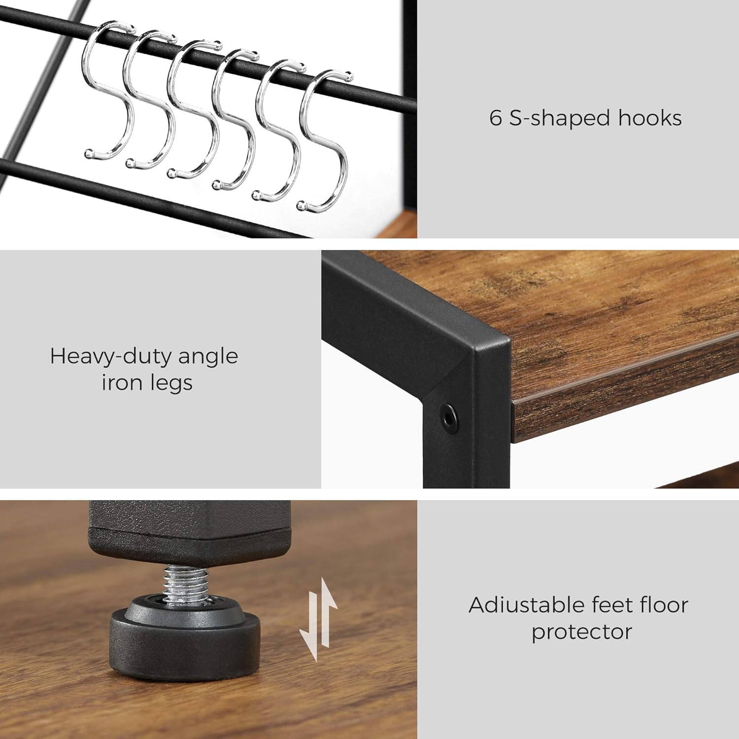 Industriële Keukenrek Met 2 Metalen Mandjes – VASAGLE Vrijstaand Bakkerijrek 80 x 35 x 95 cm – Keuken Organizer Met Haken En Opbergrekken – Microwave Rek In Vintage Donkerbruin En Zwart – Met Verstelbare Poten En IJzeren Frame