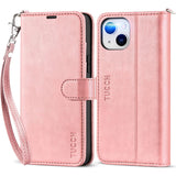 Hoesje voor iPhone 14/13 (6.1¨) - Flip Portemonnee Hoesje van PU Leer met Polsband, RFID Blokkering, Kaartsleuven, Schokbestendig TPU, Kijkstandaard, Magnetische Folio Cover voor Dames en Heren, Roségoud