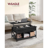 Salontafel Met Verhoogbaar Tafelblad – Industriële Koffietafel Met Open Vakken En Verborgen Opbergruimte – 100 x 60 cm – Verstelbare Tafel Voor Woonkamer – Zwart Stalen Frame Met X-Design – Houtlook Tafelblad In Houtskoolgrijs