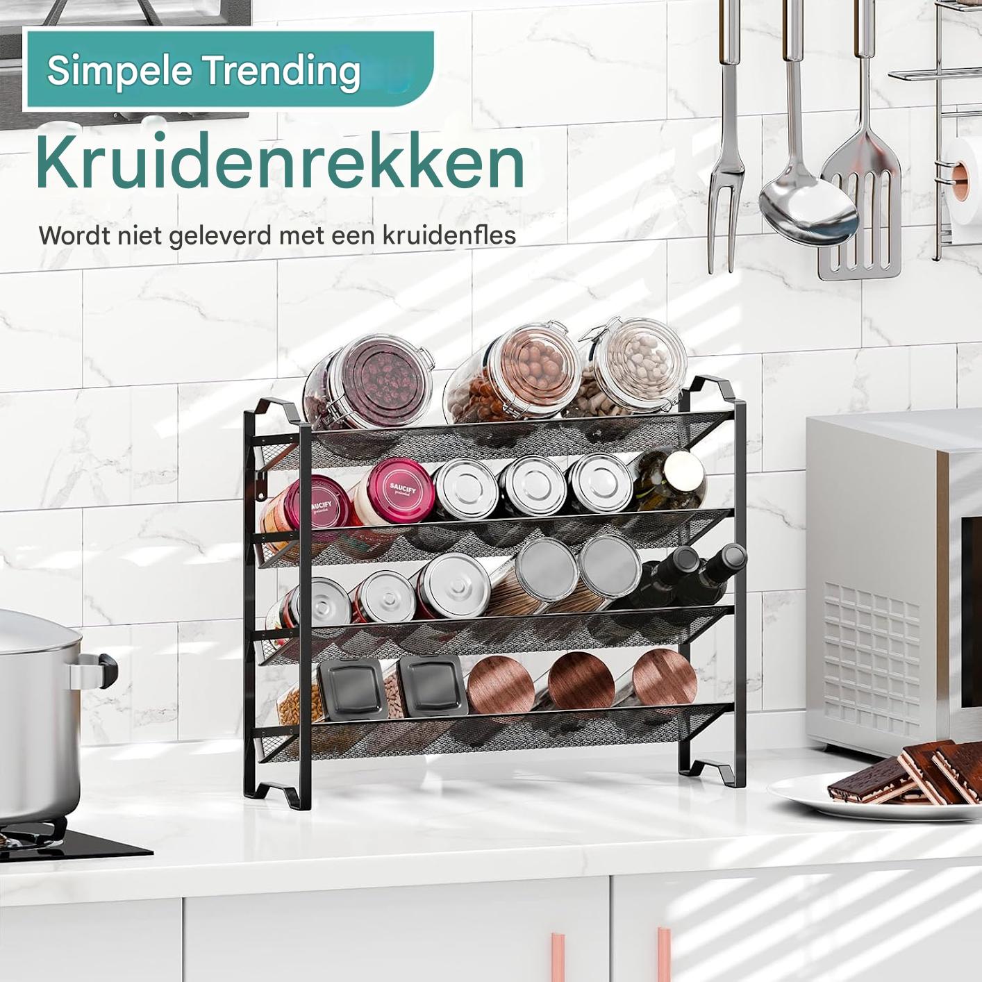 2 Stuks - Wandrek Kruidenrek – Staand of Hangend Kruidenrek – 8 Lagen – Ruimte voor 24 Potjes – Metaal – Zwart – Keuken Organizer voor Specerijen en Kruiden – Kruidenhouder voor Wand of Kastdeur – Industrieel Design