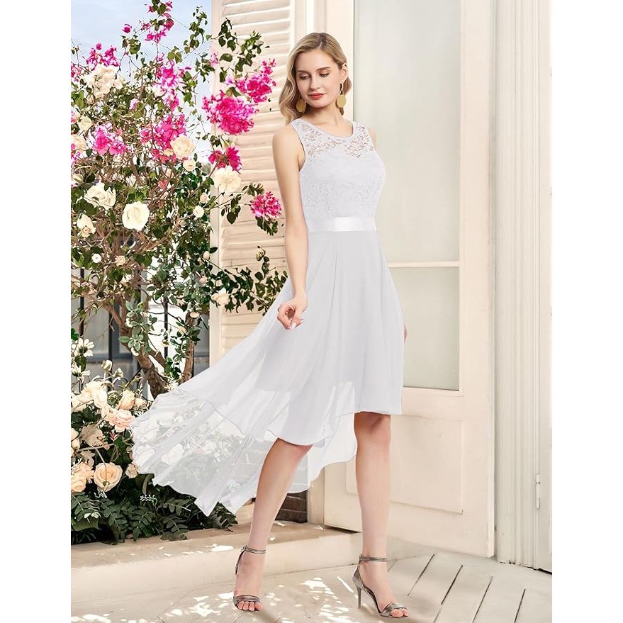 Elegante Mouwloze Hi-Lo Cocktailjurk – Kant en Chiffon – Wit – Voor Bruiloften, Feesten en Avonden