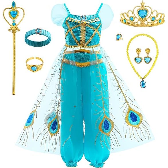 Prinses Jasmine Verkleedkostuum Set voor Meisjes - Compleet met Accessoires - Ideaal voor Halloween, Verjaardagen en Themafeesten - Authentieke Arabische Prinsessen Outfit voor Rollenspel en Verkleedplezier
