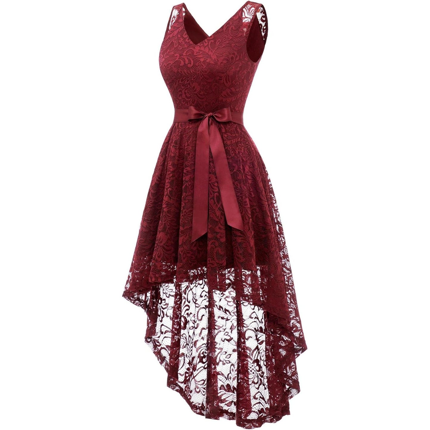 Elegante Asymmetrische Cocktailjurk Voor Dames - Maat L – Mouwloze Hoog-Laag Jurk Met Kant En Afneembare Tailleband – Galajurk Voor Feest, Bruiloft, Doop Of Avondfeest – Zachte Bloemenkant En Polyester – Achterrits
