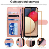 Portemonnee Lederen Hoesje voor Galaxy A02s - Flip Beschermhoes met Portemonnee Kaarthouder, Stand en Polsband - Roségoud PU Lederen Hoesje met Magnetische Sluiting Ontworpen Voor Samsung A02s, Luxe Bescherming, Handige Stand, Veilige Sluiting