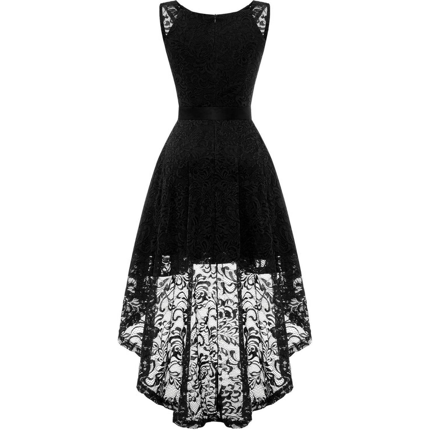 Cocktailjurk Voor Dames – Maat S – V-Hals Hoog-Laag Jurk Met Kant En A-Lijn Snit – Elegante Mouwloze Jurk Met Verwijderbare Ceintuur – Knielengte Vooraan En Enkellengte Achteraan – Perfect Voor Feest, Bruiloft, Prom, Avond Of Galagelegenheden