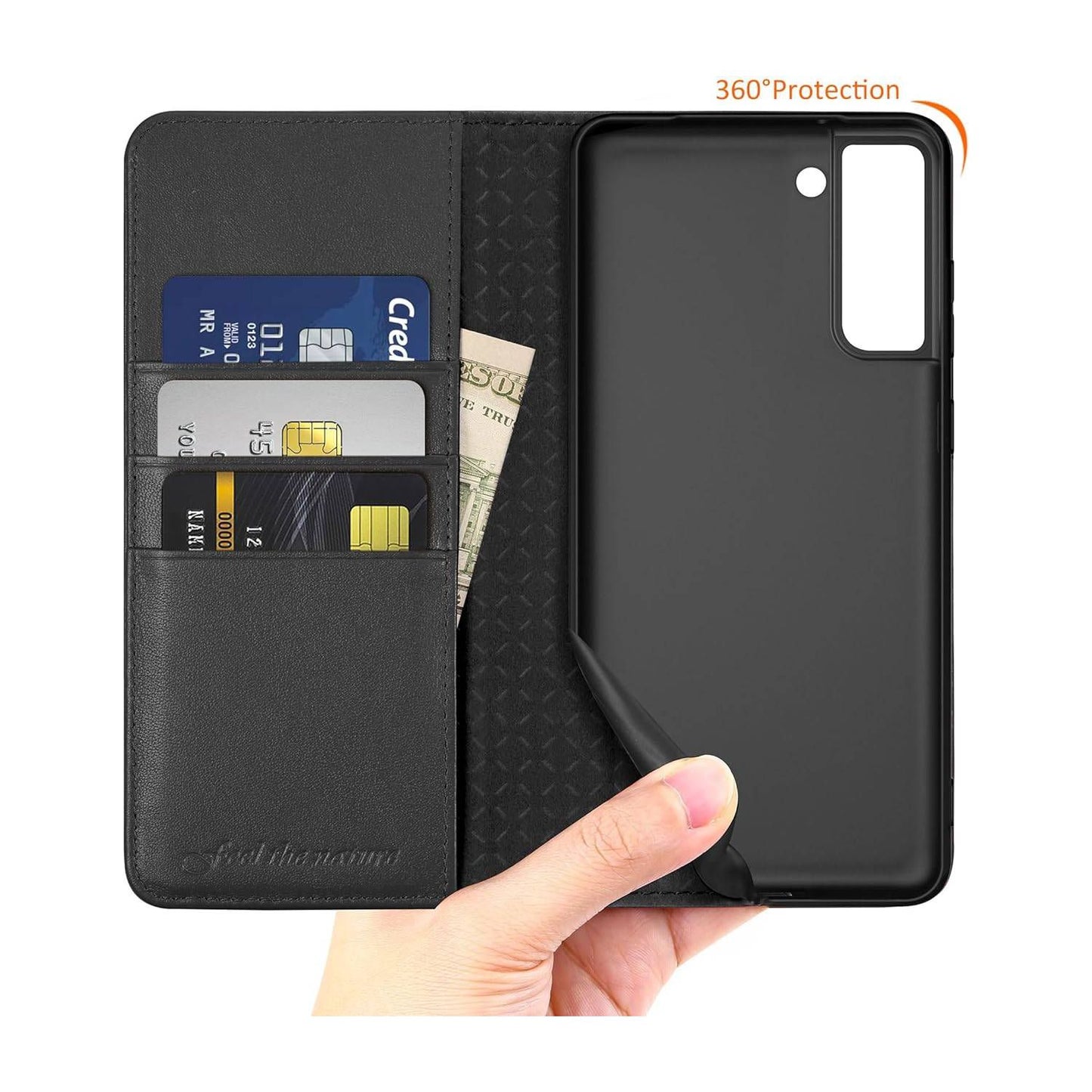 Shieldon - Mobiele Portemonnee Hoesje Galaxy S21 - Echt Lederen RFID Blokkering - Kaartsleuven en Stand - Zwart