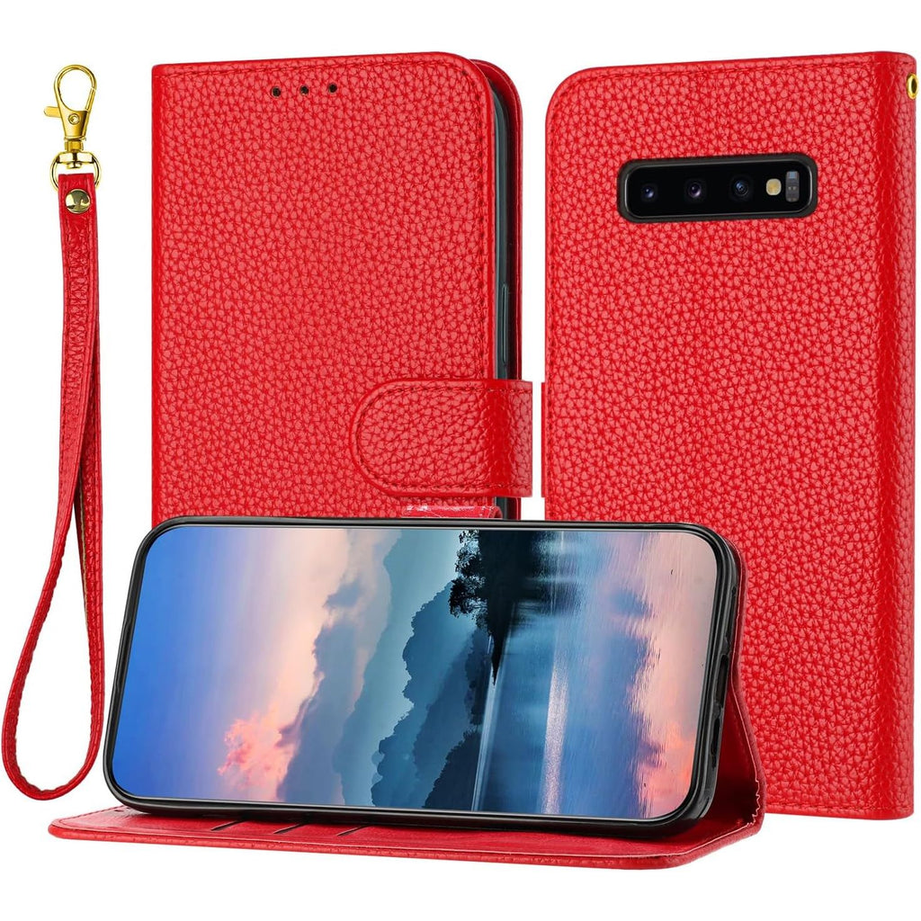 Effen kleur - Kickstand Flip - Handriem - Kunstleer - Portemonnee Hoes voor Samsung Galaxy S10 - Telefoonhoesje met Standaardfunctie en Polsband - Beschermende Flip Case - Rode Wallet Cover voor Samsung Galaxy S10