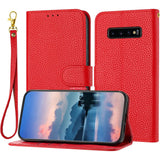 Effen kleur - Kickstand Flip - Handriem - Kunstleer - Portemonnee Hoes voor Samsung Galaxy S10 - Telefoonhoesje met Standaardfunctie en Polsband - Beschermende Flip Case - Rode Wallet Cover voor Samsung Galaxy S10