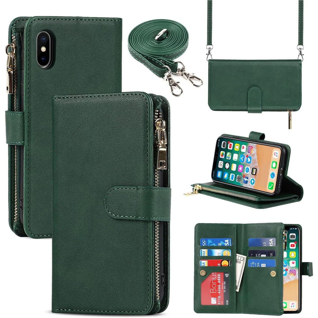 Praktisch Mobiel Hoesje met Strap voor iPhone X/XS - Multifunctionele Flip Leren Portemonnee Case - Beschermende Cover met [9 Kaartvakken] en Magnetische Sluiting - Donker Design - Handige Telefoonketting Accessoire voor Stijlvolle Bescherming