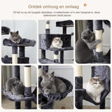 XXL Krabpaal van 193 cm - Hoge Kattenboom met 3 Soorten Hangmatten, Multi-Level Activiteitencentrum voor Binnenkatten - Inclusief 2 Kattenhuisjes, 2 Zitstokken, en Sisal Krabpalen - Stabiele Kattenklimtoren in Rookgrijs