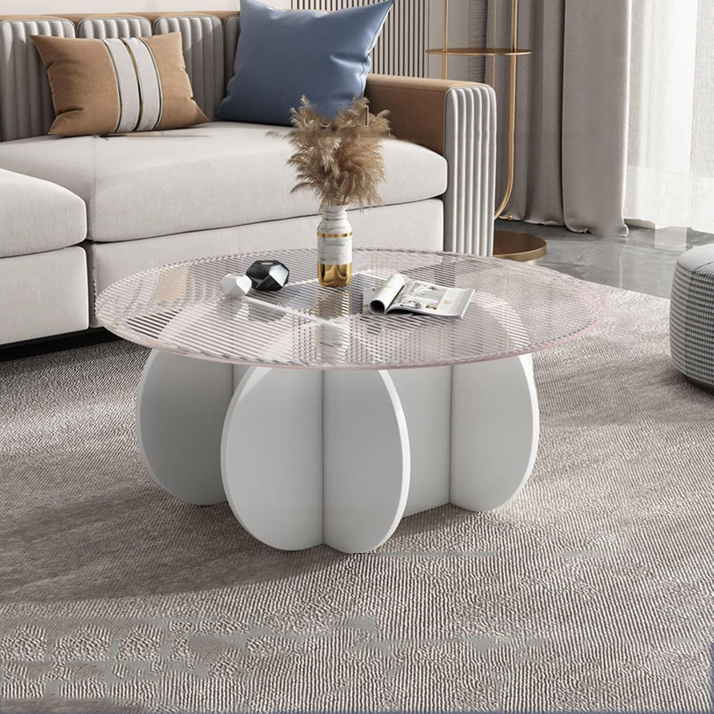 Ronde Salontafel met Glazen Blad en Massief Houten Onderstel - Ø 80 × 40 cm – Moderne Centrale Tafel voor Woonkamer of Terras – Bijzettafel van Gehard Glas