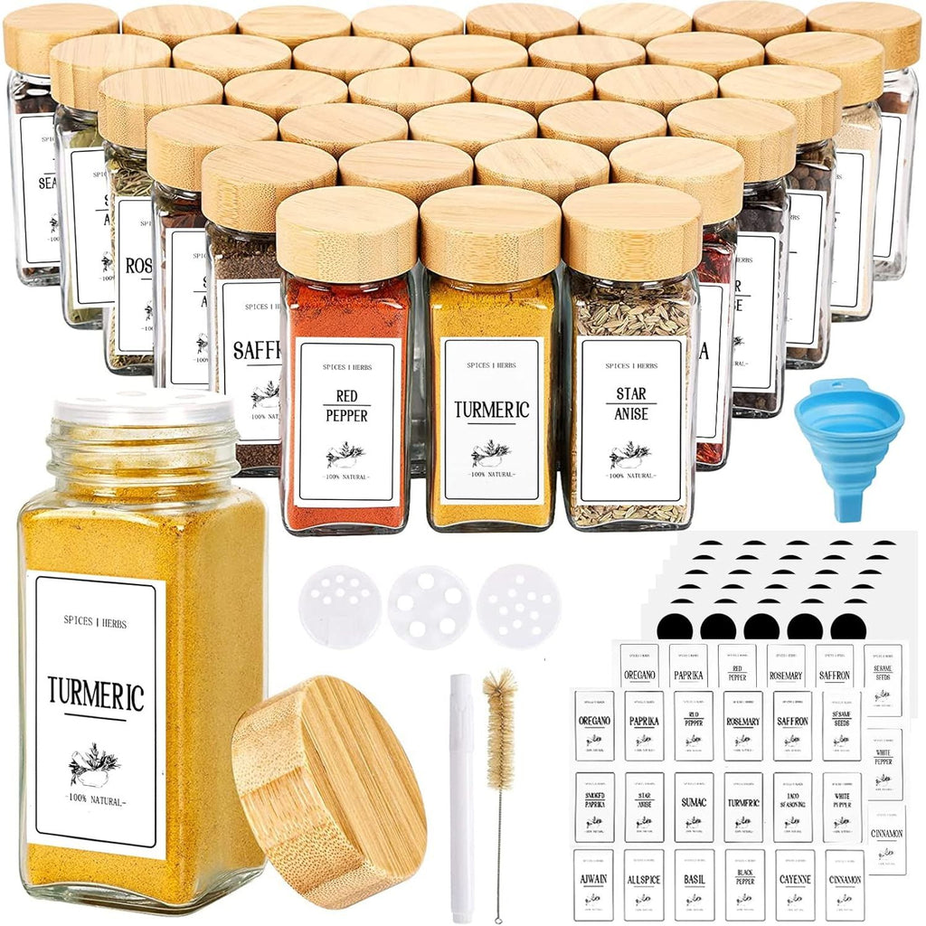 36 Stuks Glazen Kruidenpotjes 112ml – Vierkante Specerijpotten Met Bamboe Deksel &amp; 3 Soorten Strooidoppen – Kruidenpot Set Met 150 Labels, Vulpipetten &amp; Pen – Luchtdichte Glaspotjes Voor Kruidenrek, Lade, Organiser Of Keukenopslag