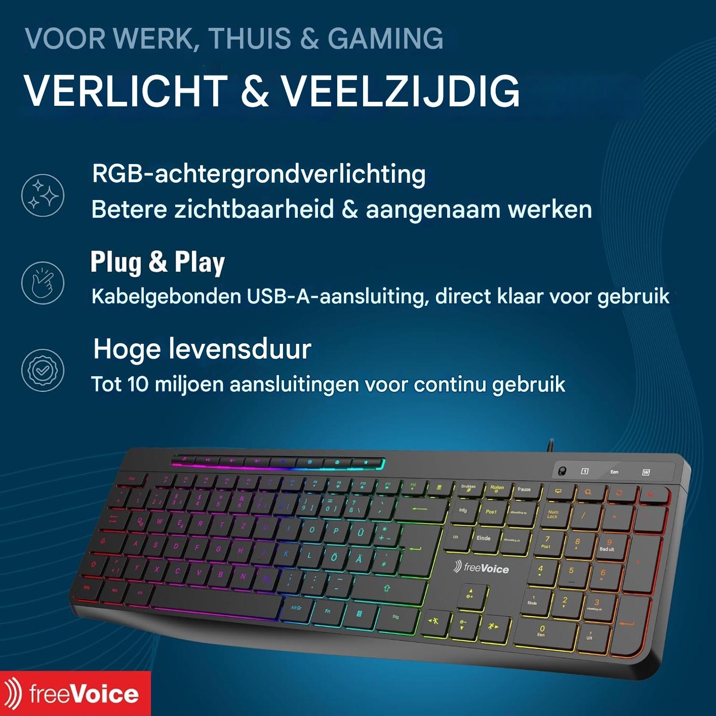 freeVoice toetsenbord met kabel – RGB verlicht USB-A keyboard – QWERTY pc toetsenbord – compacte bedrade computer keyboard – plug and play toetsenbord – verlichte toetsen – geschikt voor laptop en desktop – 442 x 200 x 29 mm