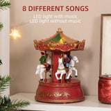 Muziekdoos Carrousel – LED Verlichting – 3 Paarden – Draaibare Kermismolen – Speelt 8 Muziekstukken – Batterij Gevoerd – Klassieke Draaimolen – Kerstversiering – Decoratie Voor Woonkamer, Slaapkamer en Open Haard – 18,5 cm Hoog