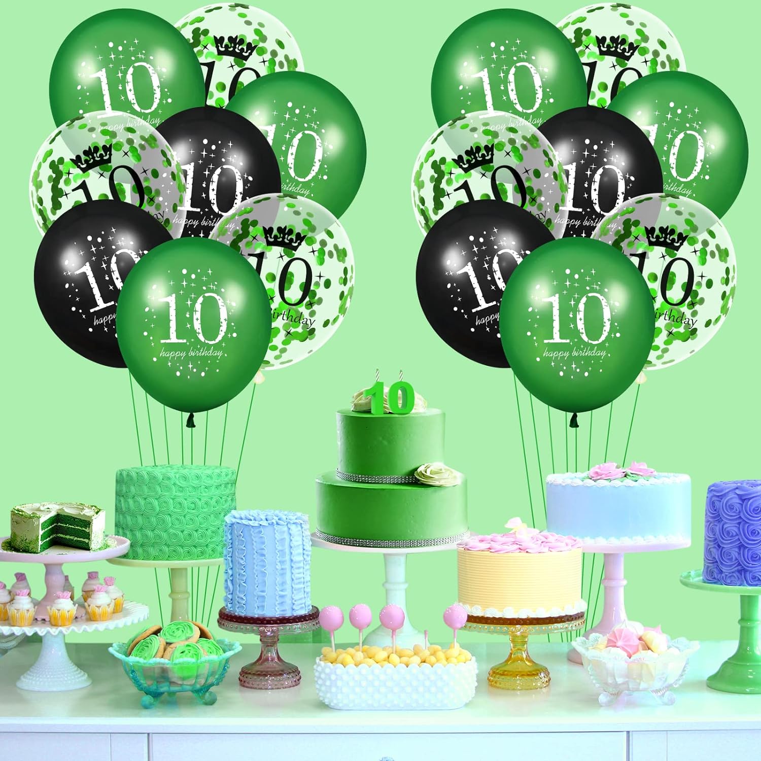 10e Verjaardagsballonnen Set voor Kinderen - 18 Stuks Tiende Birthday in Levendig Groen, Zwart & Confetti - 30cm - Perfect voor Binnen- & Buitenfeestjes
