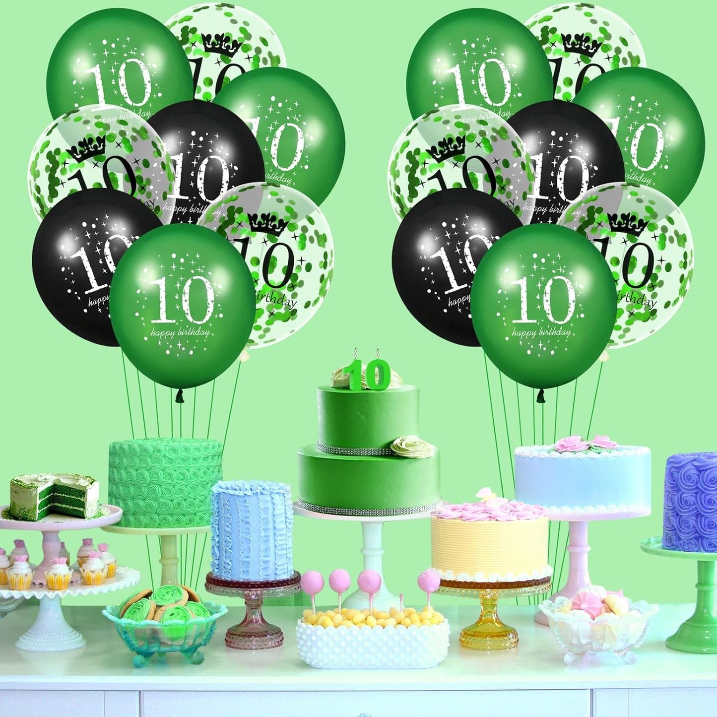 10e Verjaardagsballonnen Set voor Kinderen - 18 Stuks Tiende Birthday in Levendig Groen, Zwart & Confetti - 30cm - Perfect voor Binnen- & Buitenfeestjes