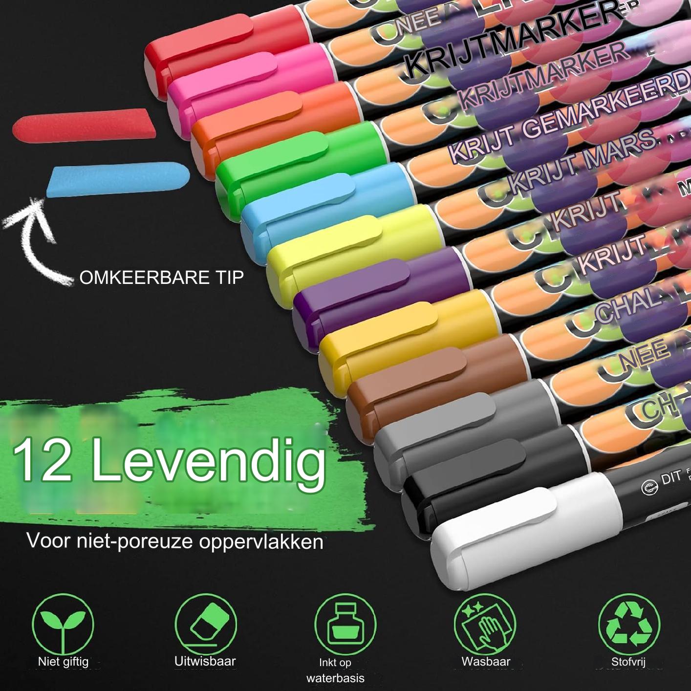 Veelzijdige Set van 12 Uitwasbare Krijt- en Raamstiften, Perfect voor Schoolbord, Ramen en Whiteboards - Inclusief Levendige Kleuren zoals Goud, Zilver, Zwart en Meer, Ideaal voor Creatieve Projecten en Decoratie