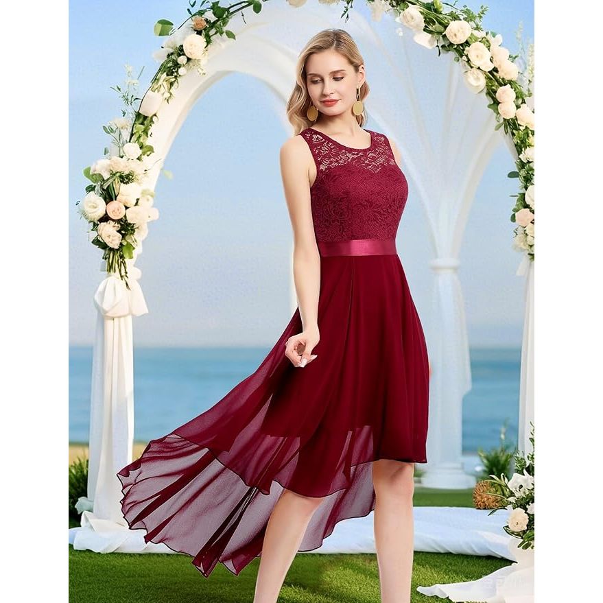 Elegante Asymmetrische Cocktailjurk – Mouwloze Chiffon Avondjurk met Kant – Perfect voor Bruiloften, Feesten en Formele Gelegenheden - Wijn Rood