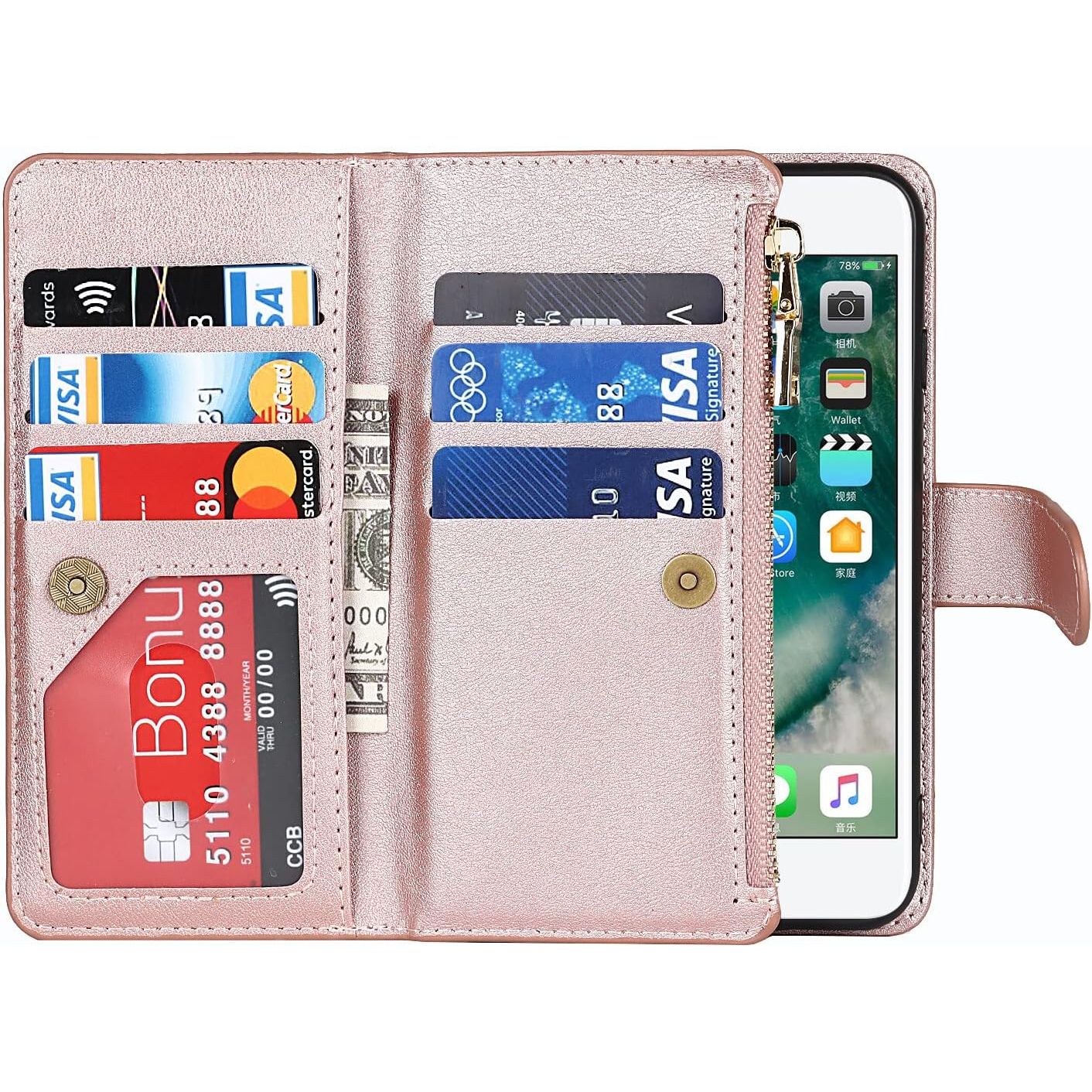 Portemonnee Hoesje voor iPhone 6 Plus - iPhone 6 Plus Hoesje met Band Staander - Telefoonhoesje iPhone 6s Plus met Kaarthouder voor Dames Heren - Leren Magnetisch Schokbestendige Beschermende Cover - Roségoud