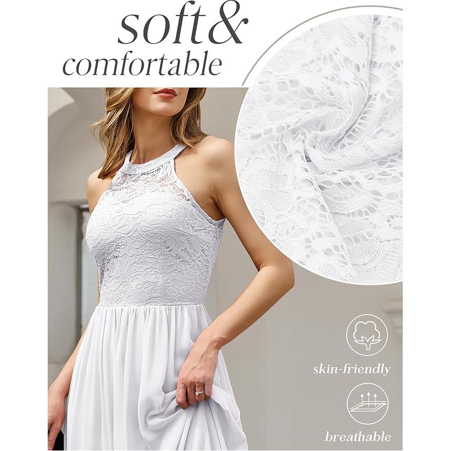 Lange Chiffon Cocktailjurk Voor Dames – Mouwloze Halterjurk Met Rekbare Kant En Off-Shoulder Detail – Elegante Zomerjurk Voor Feest, Bruiloft, Prom Of Avondgelegenheid – Luchtige A-Lijn Jurk Met Vrouwelijke Halslijn En Comfortabele Pasvorm