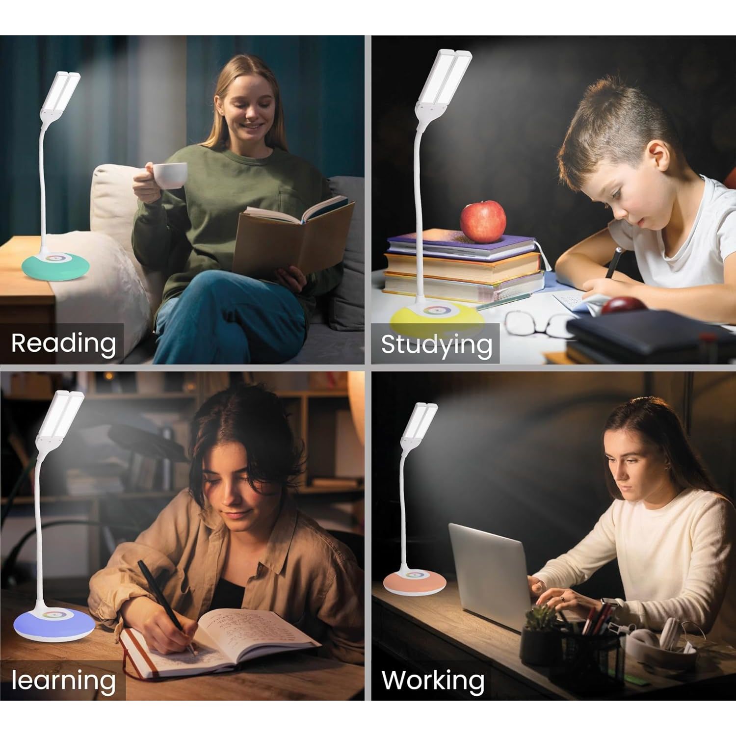 O'goods LED bureaulamp oplaadbaar – RGB nachtlamp met flexibele zwanenhals – 140 lumen dimbare tafellamp – verstelbare dubbele lampkop – USB oplaadpoort bureaulamp – touch bediening – draadloze bureau verlichting