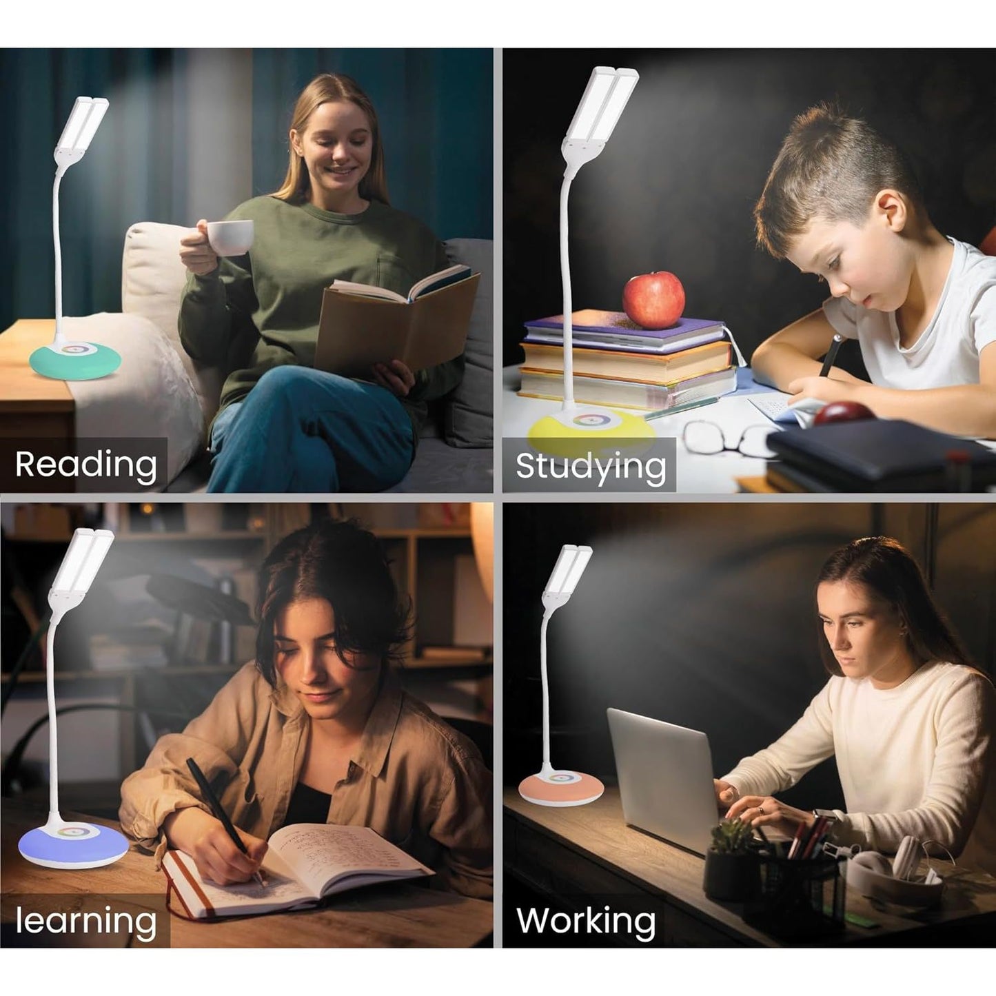 O'goods LED bureaulamp oplaadbaar – RGB nachtlamp met flexibele zwanenhals – 140 lumen dimbare tafellamp – verstelbare dubbele lampkop – USB oplaadpoort bureaulamp – touch bediening – draadloze bureau verlichting