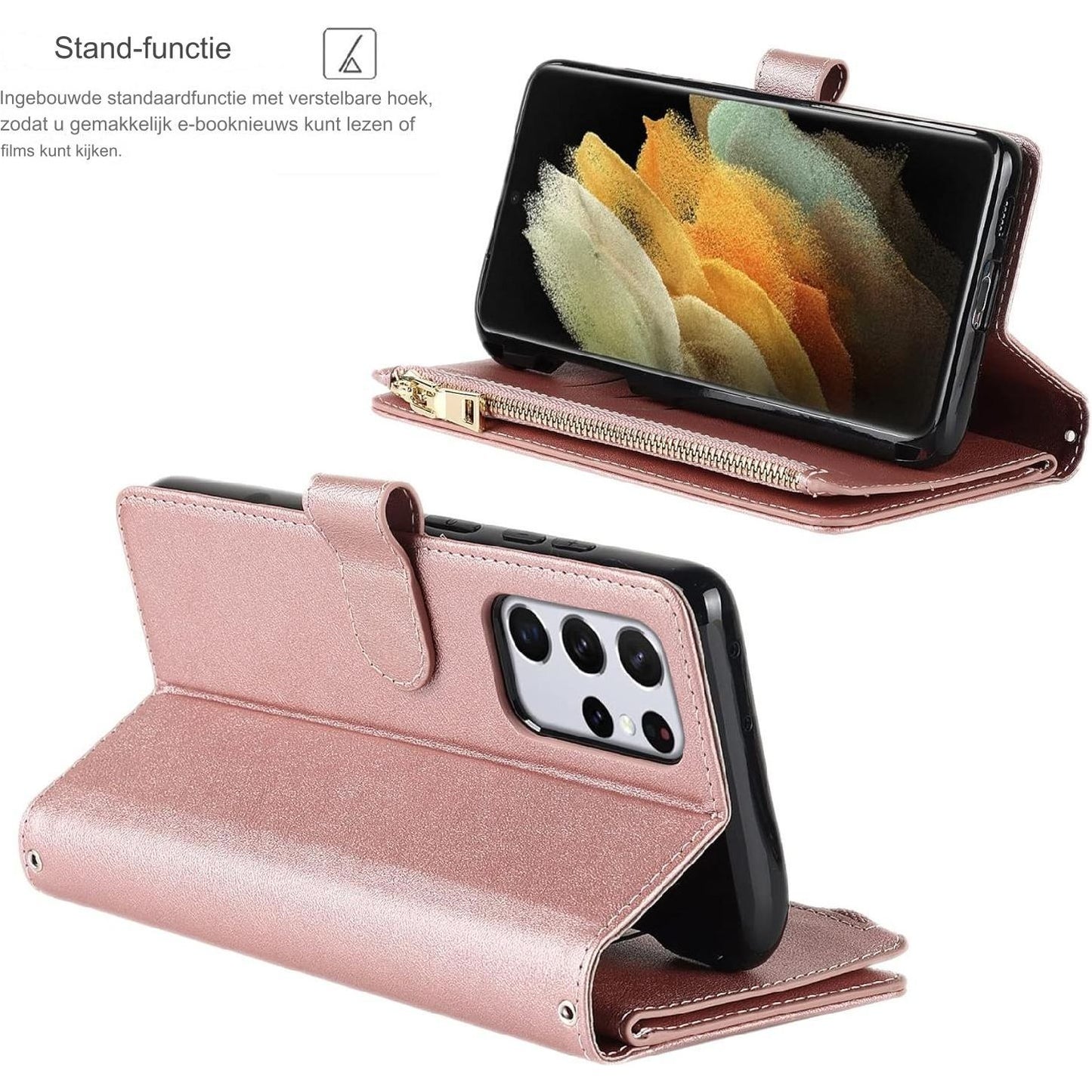 Portemonnee Hoes voor Samsung Galaxy S21 Ultra met Kaarthouder, Houderfunctie PU Lederen Hoes met Verstelbare Crossbody Lanyard Magnetische Sluiting Ritssluiting Zakje Flip Cover (Roségoud) - Handige Functionaliteit en Stijlvol Design in één Accessoire