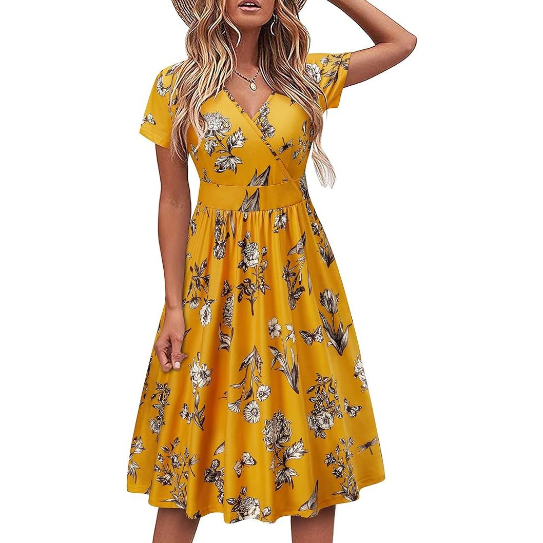 Vrouwen Zomerjurk - Zomerse Jurk met Korte Mouwen - Wikkeljurk met V-hals en Zakken - Knielengte Jurk met Zakken - Zomerse Kleding voor Dames met Korte Mouwen - Vrouwelijke Zomerjurk met Zakken - Zomerjurk met V-hals - Zomerse Knielengte Jurk met Zakken