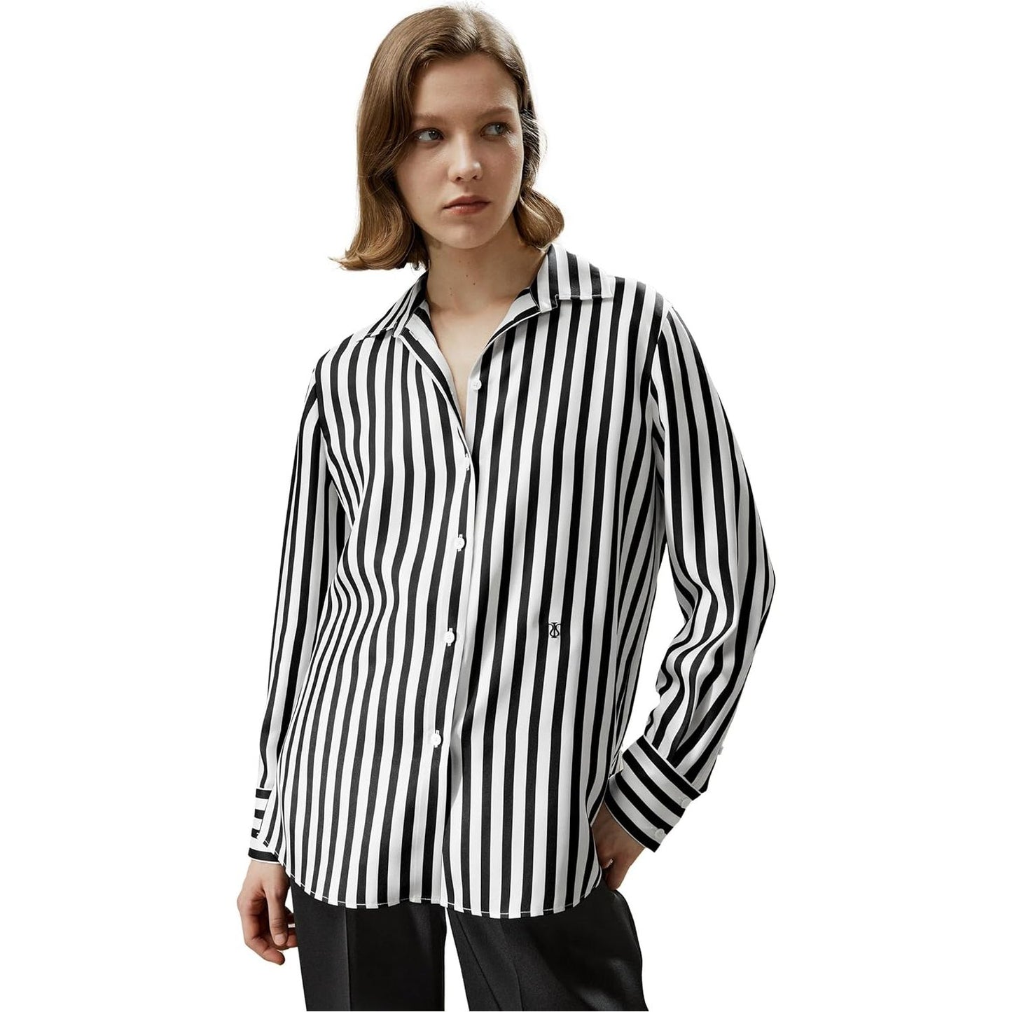 LILYSILK – Damesblouse – 100% Zijde – Blauw Witte Pinstripes – V-Hals – Lange Mouwen – Lichtgewicht – Ademend – Tijdloos Design – Maat S